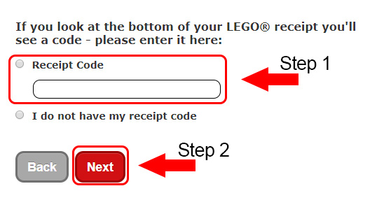 lego survey receipt code