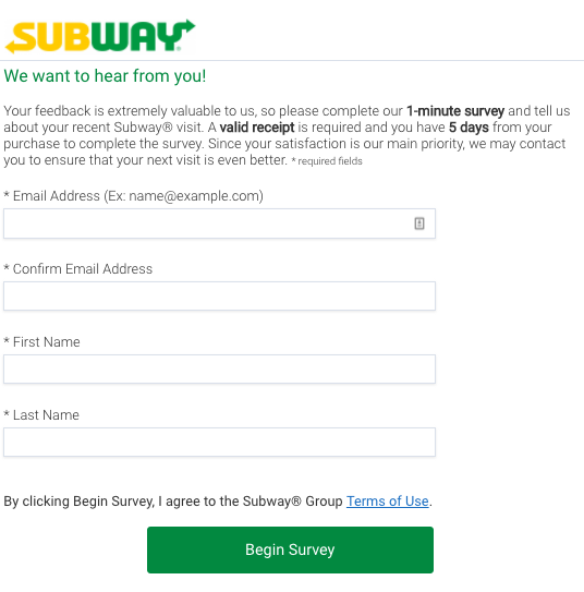 subway survey login steps